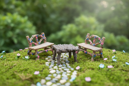 Fairy Garden Furniture Set – Rustic Twig Table & Chairs with Floral Vines
