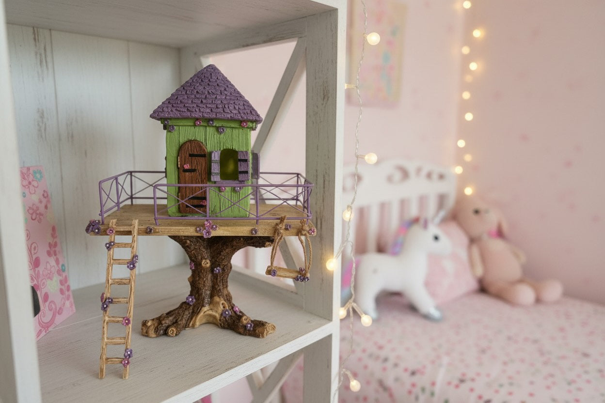 Green & Purple Fairy Tree House with Swing | Enchanted Garden Decor