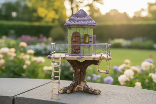 Green & Purple Fairy Tree House with Swing | Enchanted Garden Decor