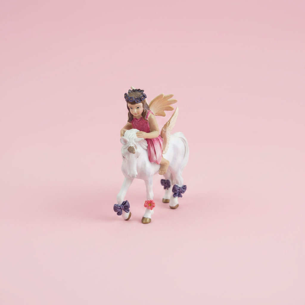 Fairy riding unicorn figurine studio photo pink background
