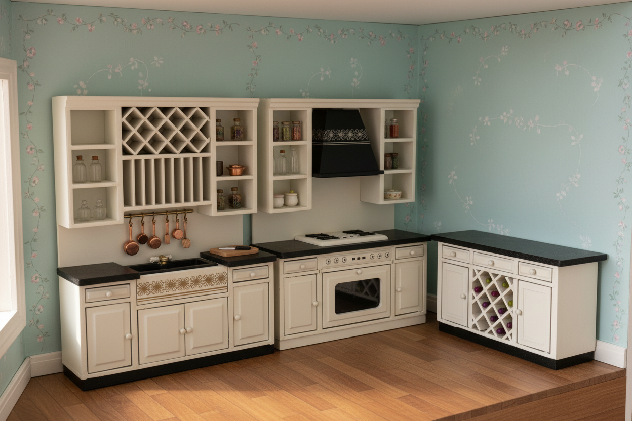 Miniature dollhouse kitchen set styled in a dollhouse scene