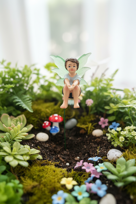Boy Fairy Garden Stake - Garden Scene