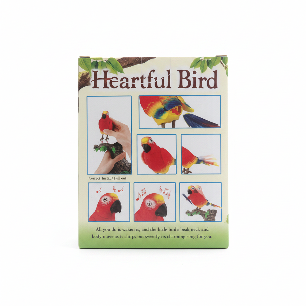 Heartful Bird animated talking parrot box back with features