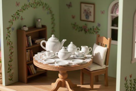 Miniature plain white ceramic tea set styled in a dollhouse scene