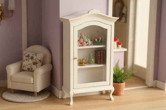Miniature white wooden display cabinet styled in a dollhouse scene