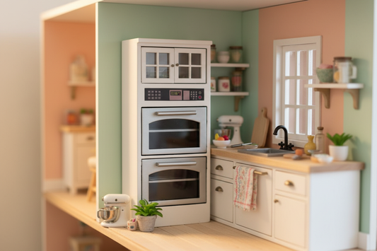 Miniature dollhouse double oven tower styled in a dollhouse kitchen scene