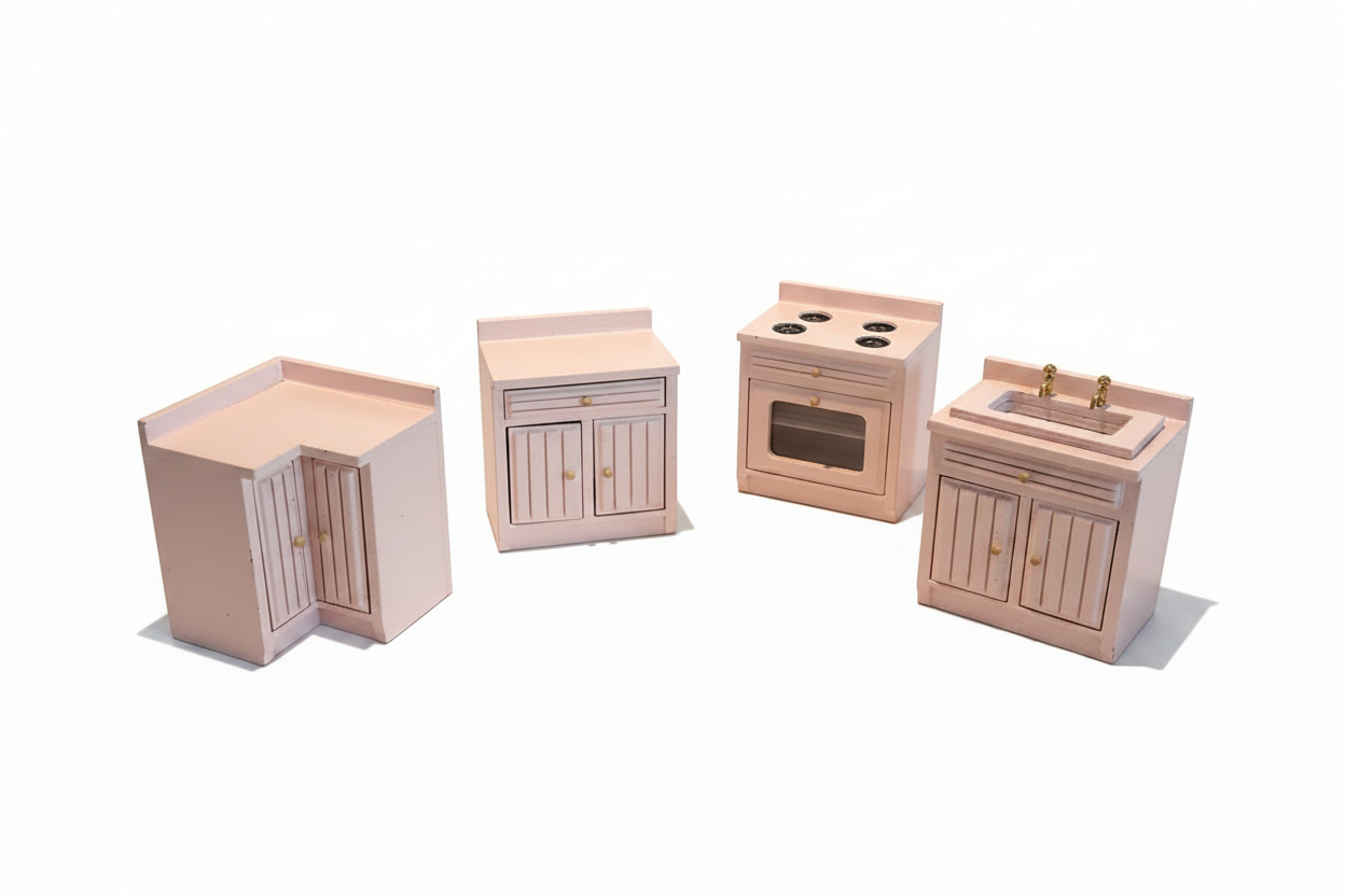 4-piece soft pink beadboard miniature kitchen set studio photo