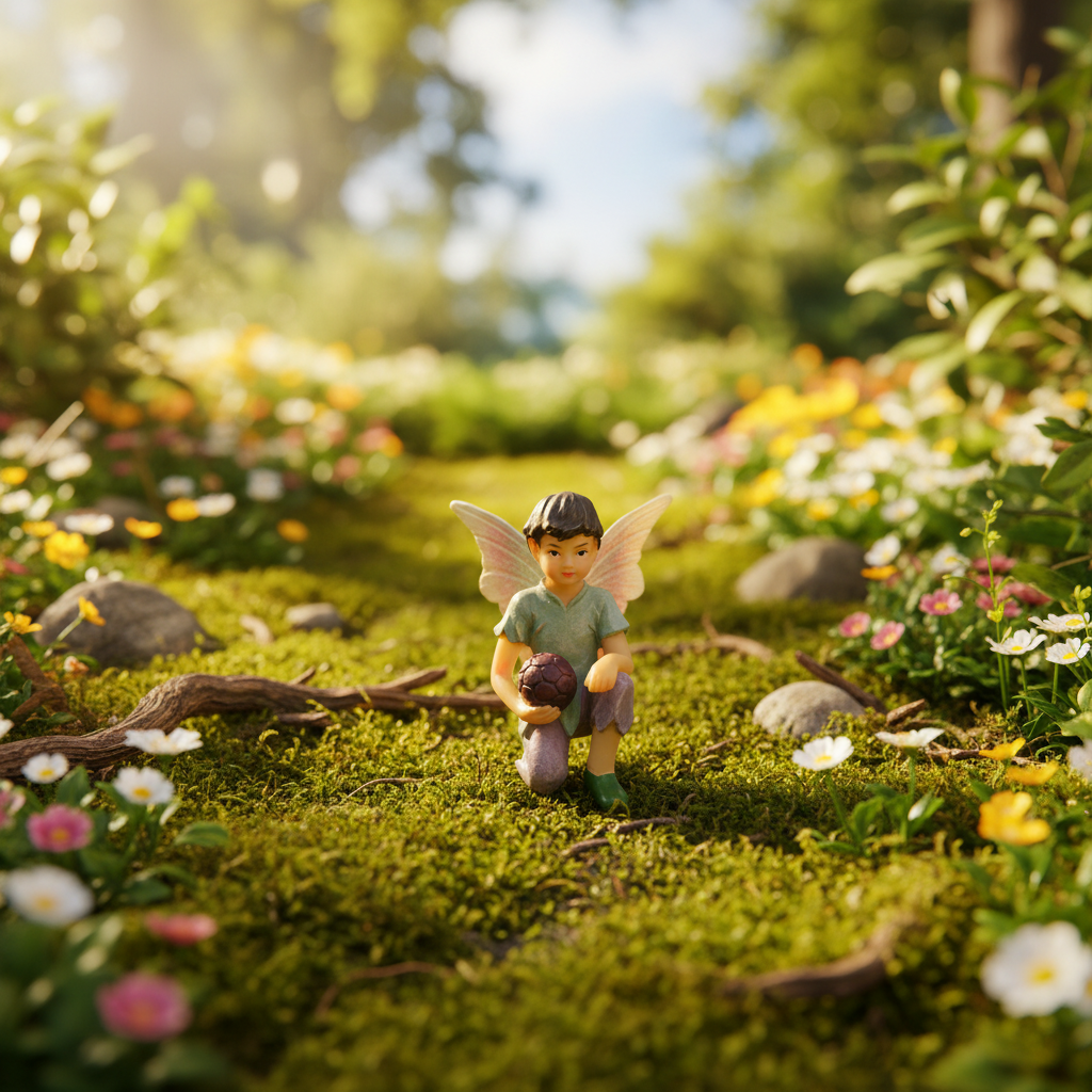 Miniature fairy figurine kneeling in a soccer pose in a lush fairy garden setting