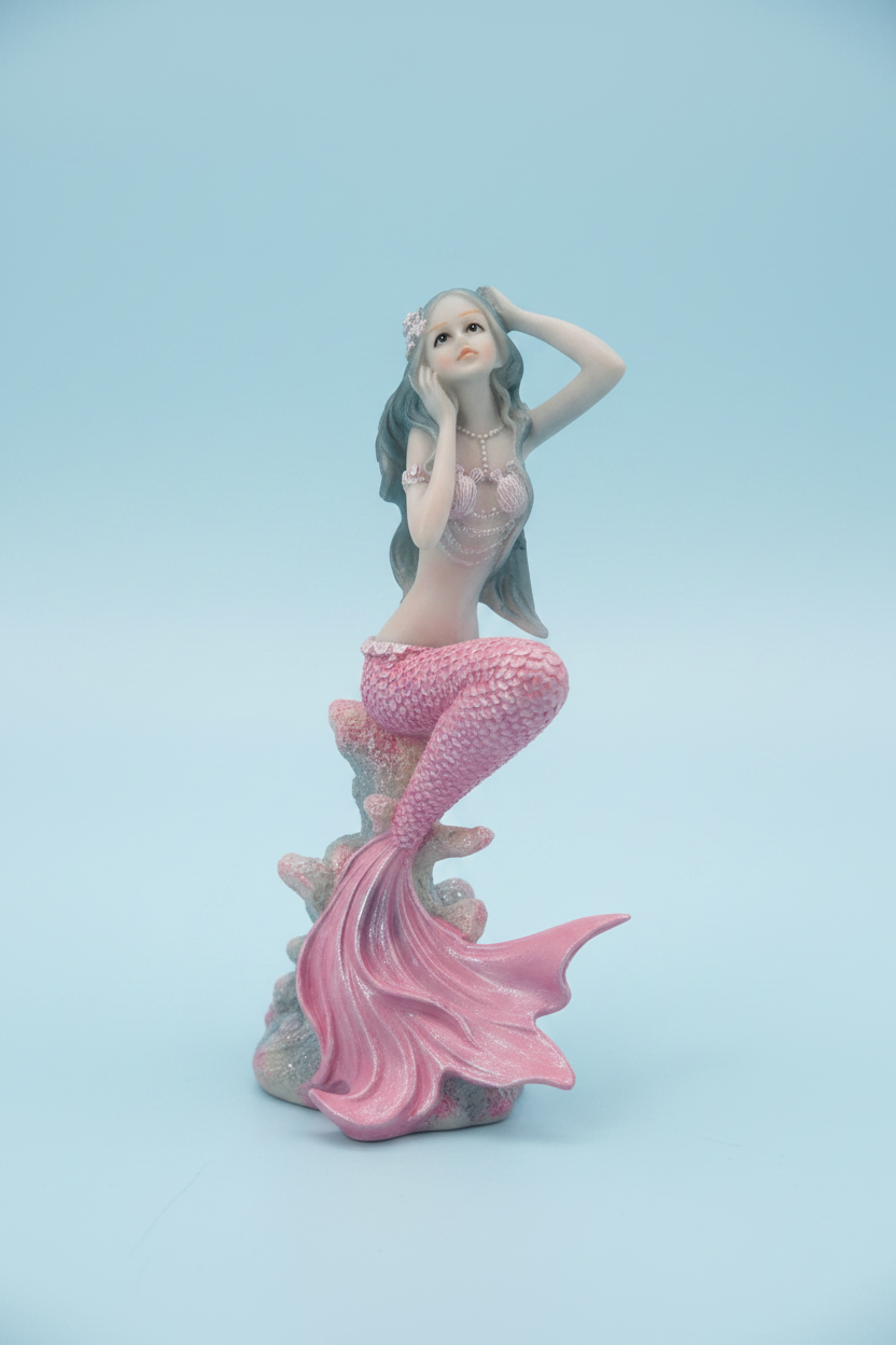 Pink mermaid tall figurine with blue-grey hair and flowing pink tail