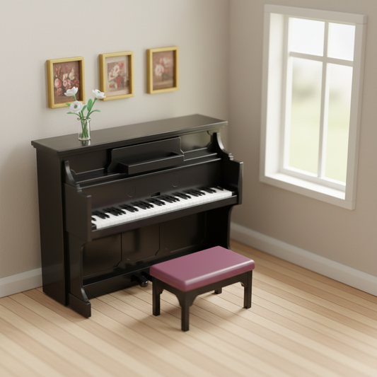 Miniature Black Upright Piano & Burgundy Bench Set – Dollhouse Music Room