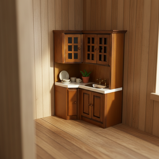 Miniature L-Shaped Kitchen Set – Dollhouse Kitchen with Sink