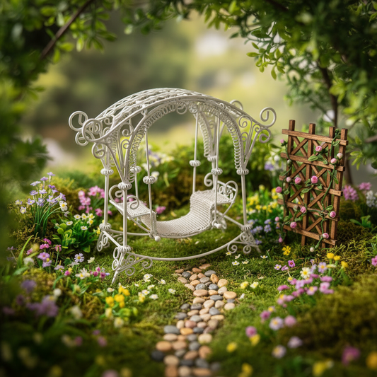 Miniature White Filigree Garden Swing – Fairy Garden & Dollhouse