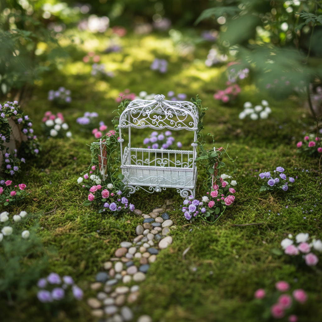 Miniature White Filigree Gazebo Swing Bed – Fairy Garden & Dollhouse