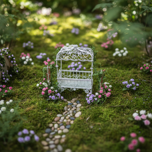 Miniature White Filigree Gazebo Swing Bed – Fairy Garden & Dollhouse