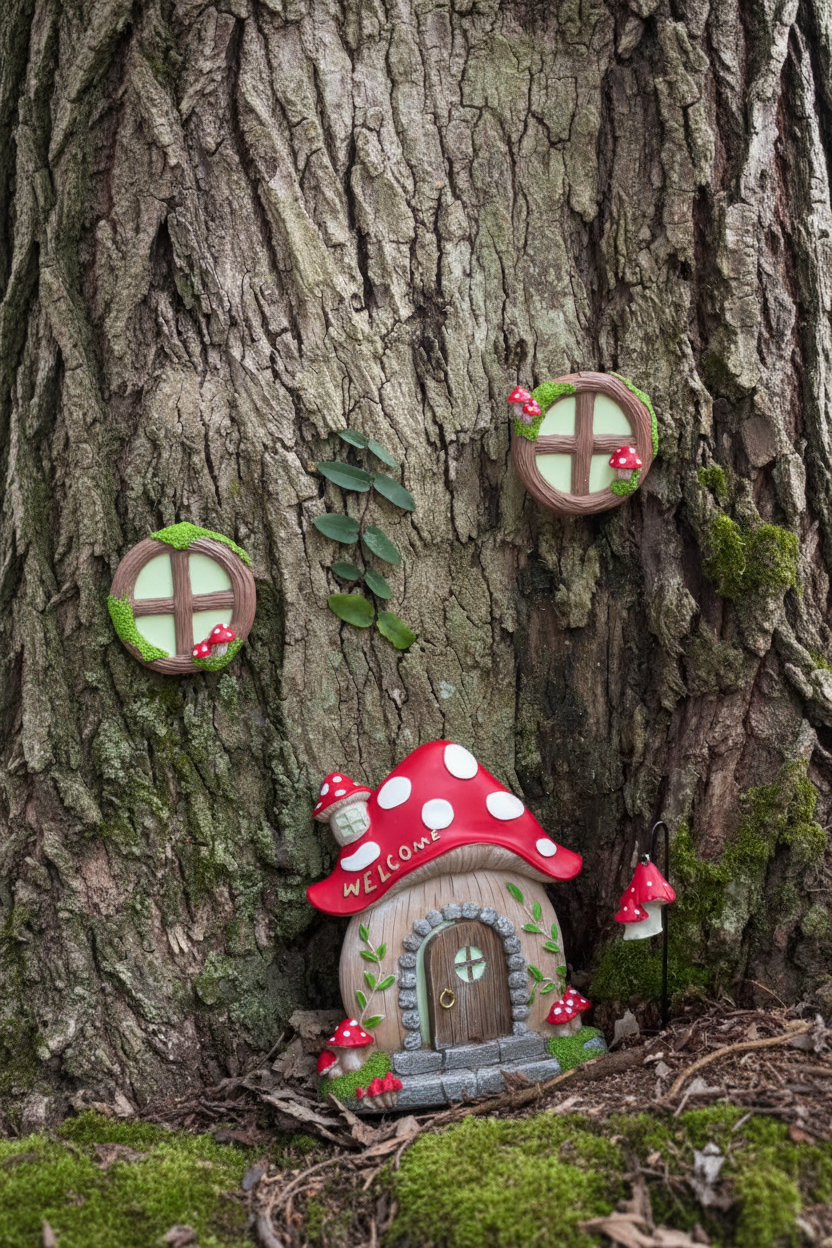 Mushroom Fairy Garden 4-Piece Glow Set – Fairy Door, Windows & Stake