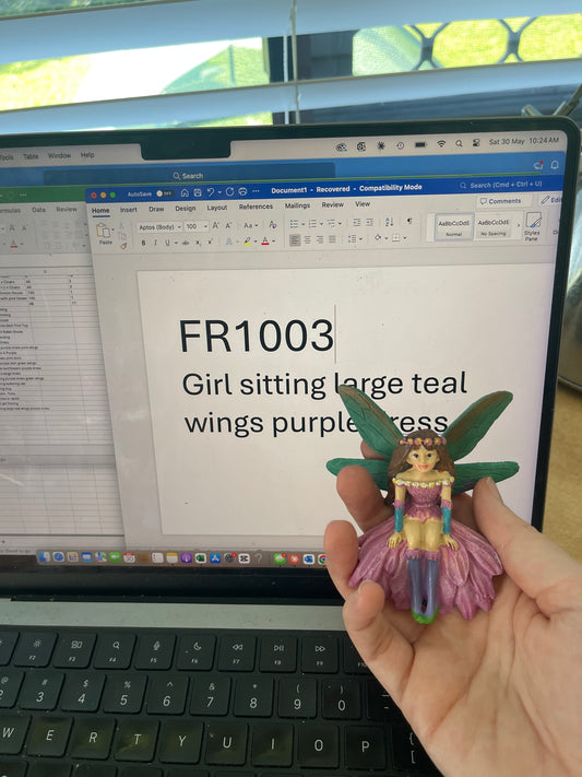 Sitting Fairy with Teal Wings & Purple Dress