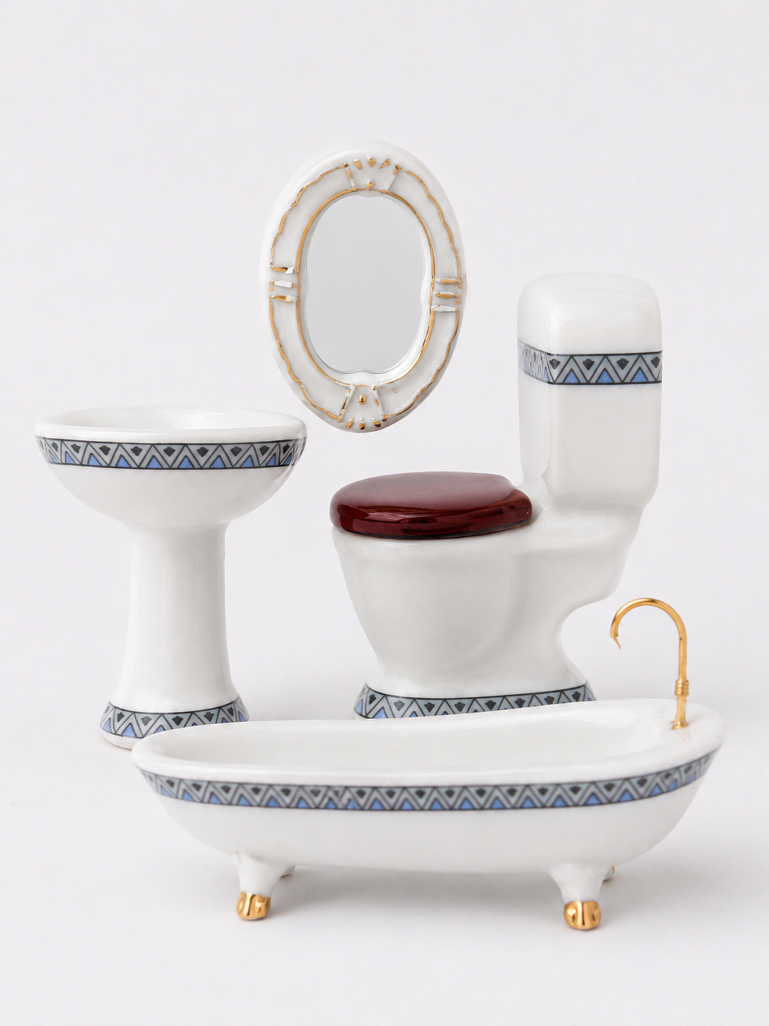 Miniature Dollhouse Bathroom Set – Blue Art Deco Porcelain with Gold Feet