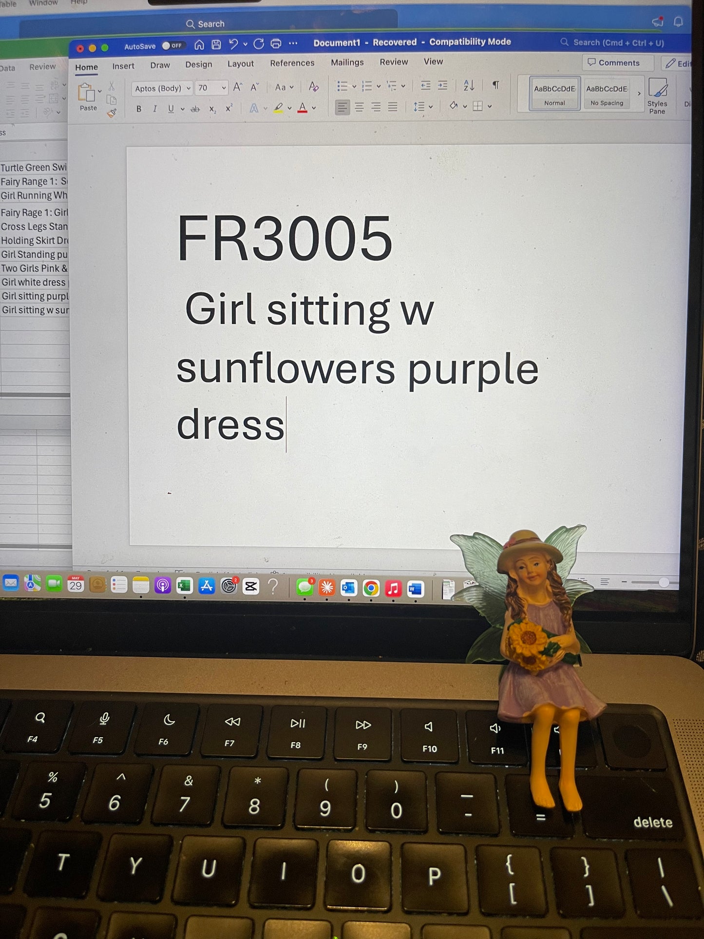 Fairy Girl Holding Sunflowers | Sitting with a Purple Dress & Green Wings
