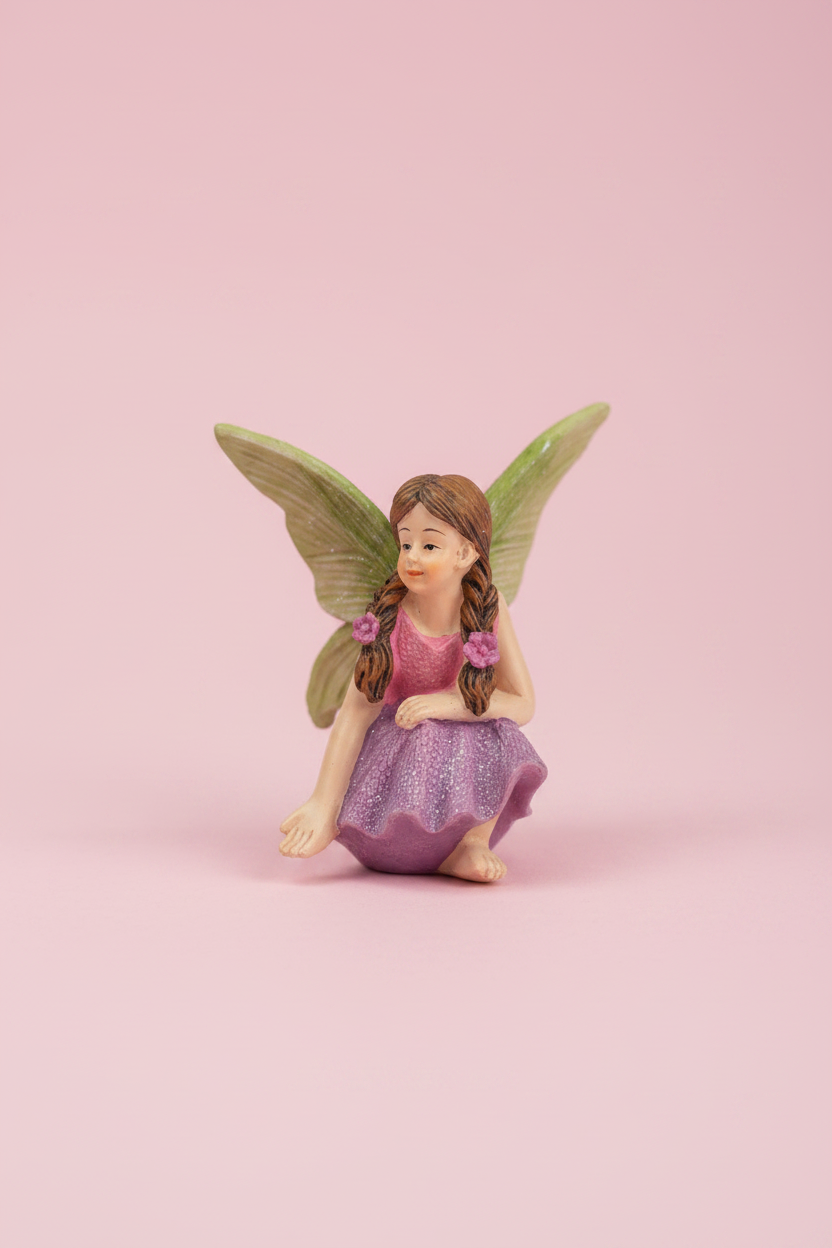 Crouching Fairy Girl Figurine | Purple Skirt & Green Wings