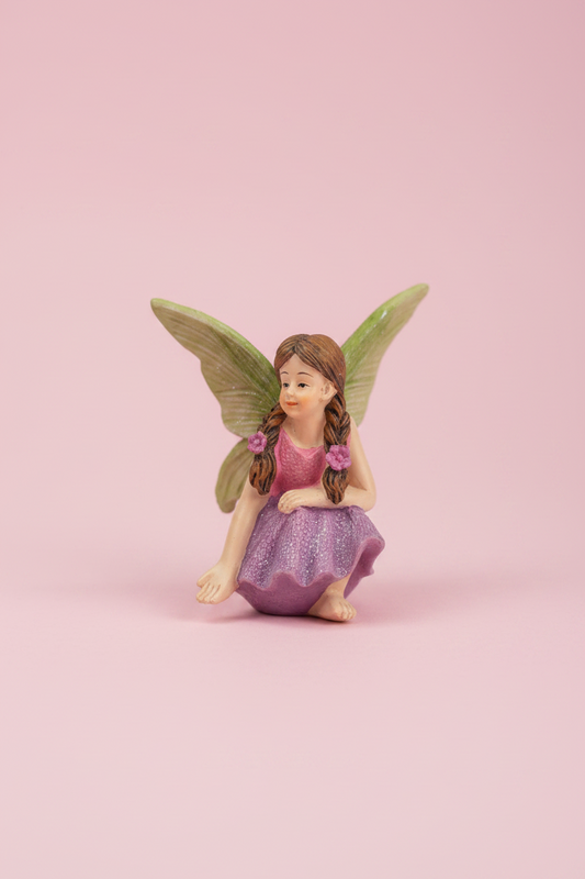 Crouching Fairy Girl Figurine | Purple Skirt & Green Wings