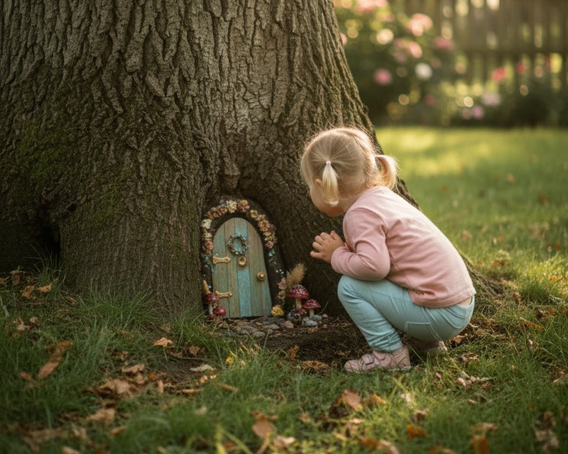 Child interacting with a fairy door in a garden setting