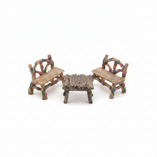 Fairy Garden Furniture Set – Rustic Twig Table & Chairs with Floral Vines