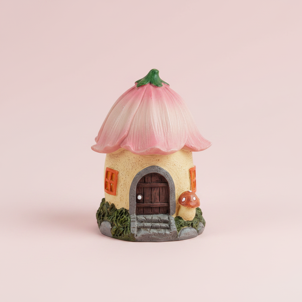 Small white house with pink flower roof