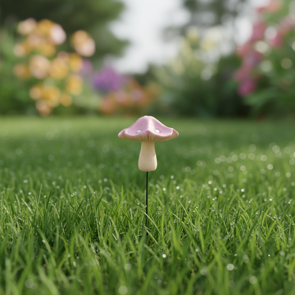Fairy garden mushroom pale pink 3.5cm on grass