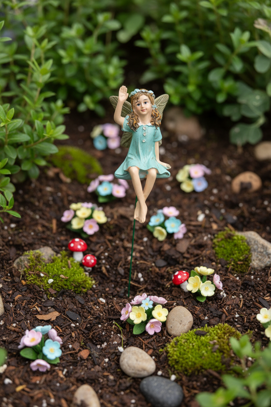 Waving Fairy Garden Stake - Garden Scene