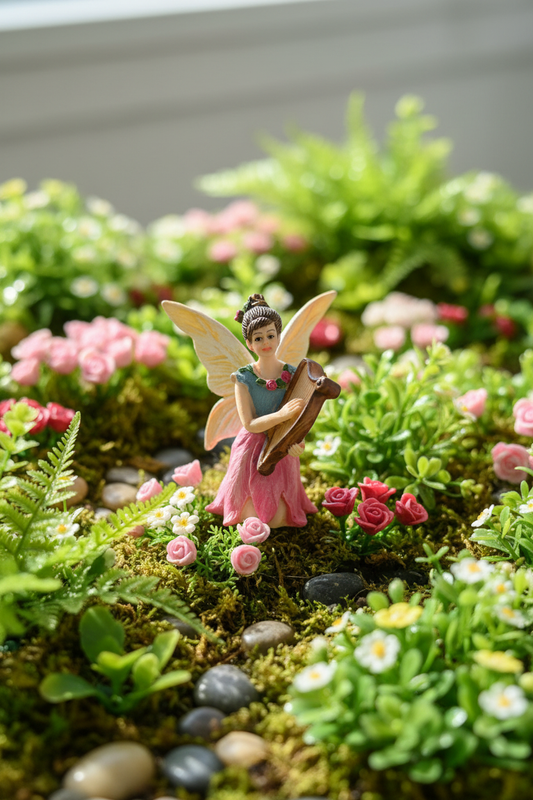 Harp Playing Fairy Figurine - Garden Scene