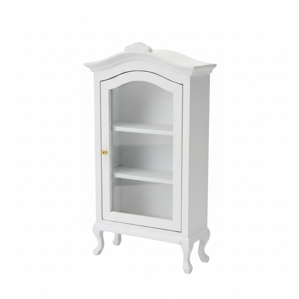 Miniature white wooden display cabinet with arched glass door on white background