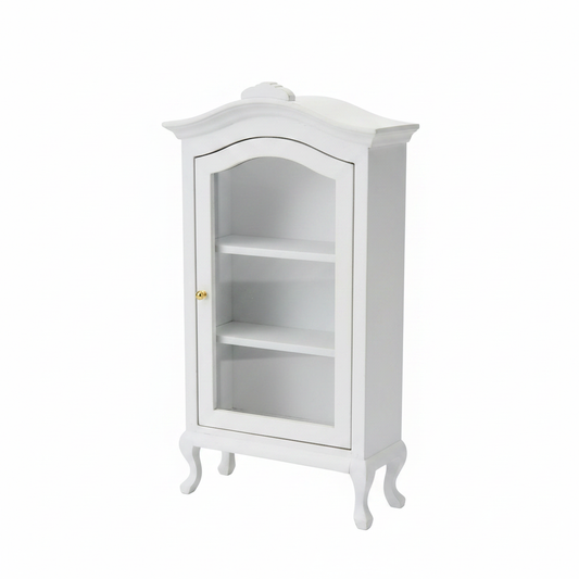 Miniature white wooden display cabinet with arched glass door on white background