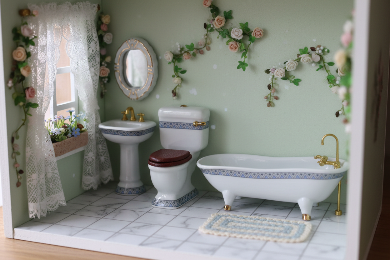 Miniature porcelain bathroom set with blue Art Deco border styled in a whimsical dollhouse setting