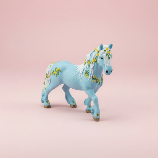 Blue Flower Horse miniature figurine on a blush pink studio background