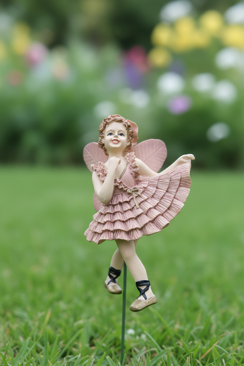 Fairy ballerina figurine in dusty pink tutu planted in garden grass