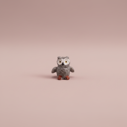 Black Owl miniature figurine photographed on a solid blush pink studio background with soft, even lighting