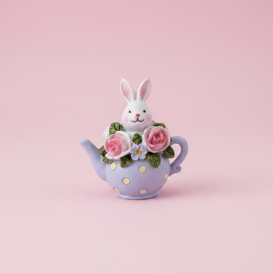 Bunny in teapot figurine studio photo pink background