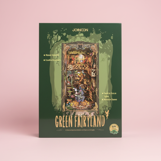 Green Fairyland book nook kit studio photo pink background