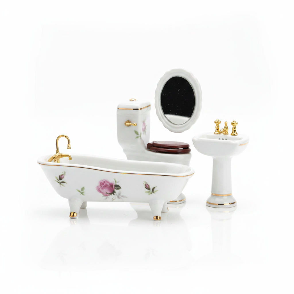 Miniature porcelain bathroom set with gold trim and rose florals on white background