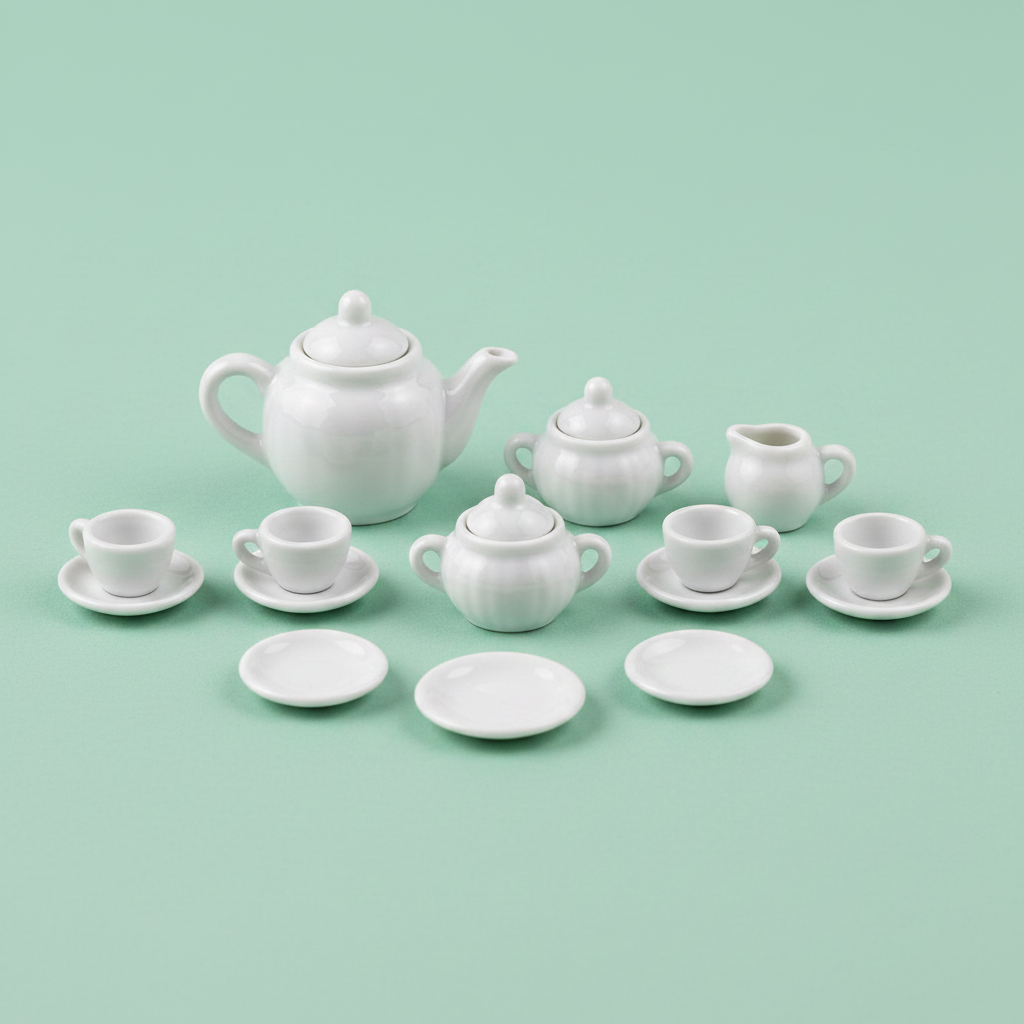Miniature plain white ceramic tea set on soft mint background