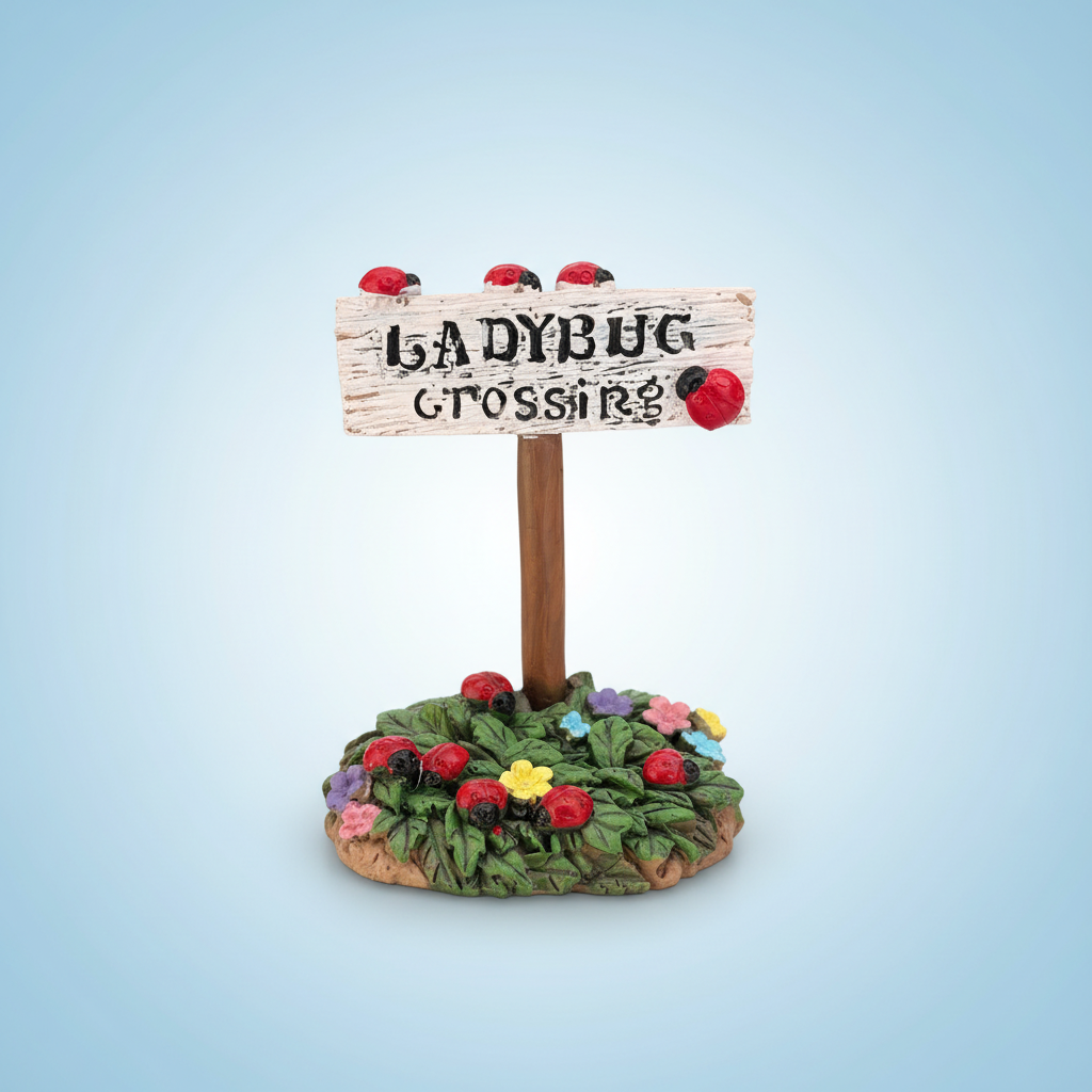 Ladybug Crossing miniature fairy garden sign with red ladybugs and colourful flowers on a light blue background