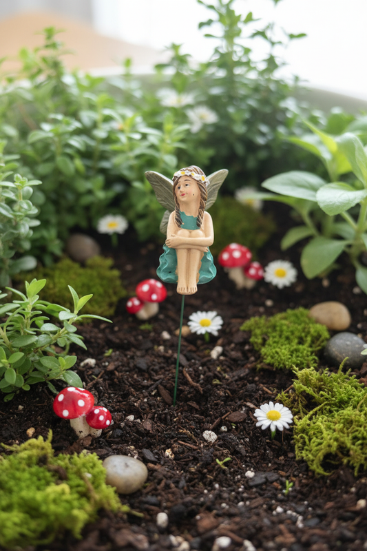 Daisy Crown Fairy Garden Stake - Garden Scene