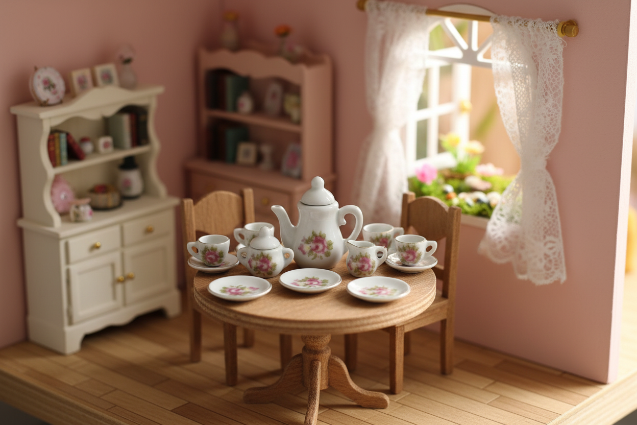 Miniature porcelain tea set with pink rose florals styled in a dollhouse scene