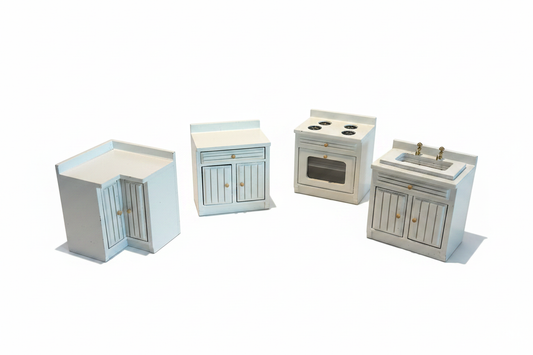4-piece white beadboard miniature kitchen set studio photo