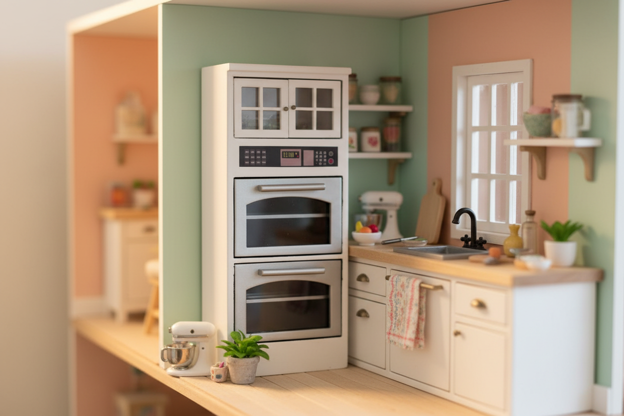 Miniature dollhouse double oven tower styled in a dollhouse kitchen scene