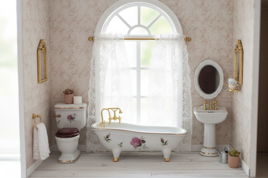 Miniature porcelain bathroom set styled in a whimsical dollhouse setting