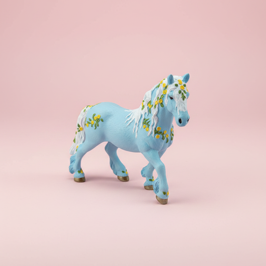 Blue flower horse miniature figurine with yellow flowers and white mane, studio photo