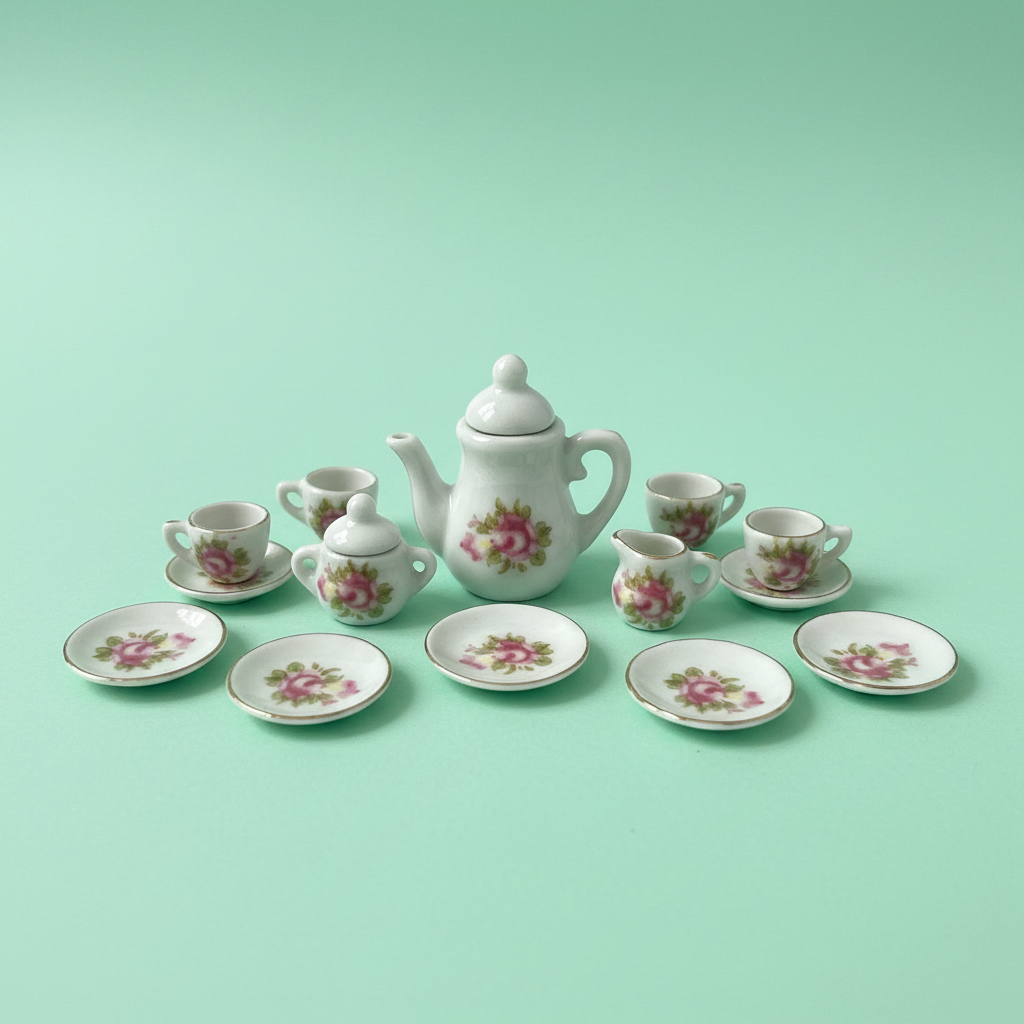 Miniature porcelain tea set with pink rose florals on soft mint background