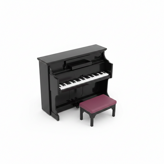 Miniature Black Upright Piano & Burgundy Bench Set – Dollhouse Music Room