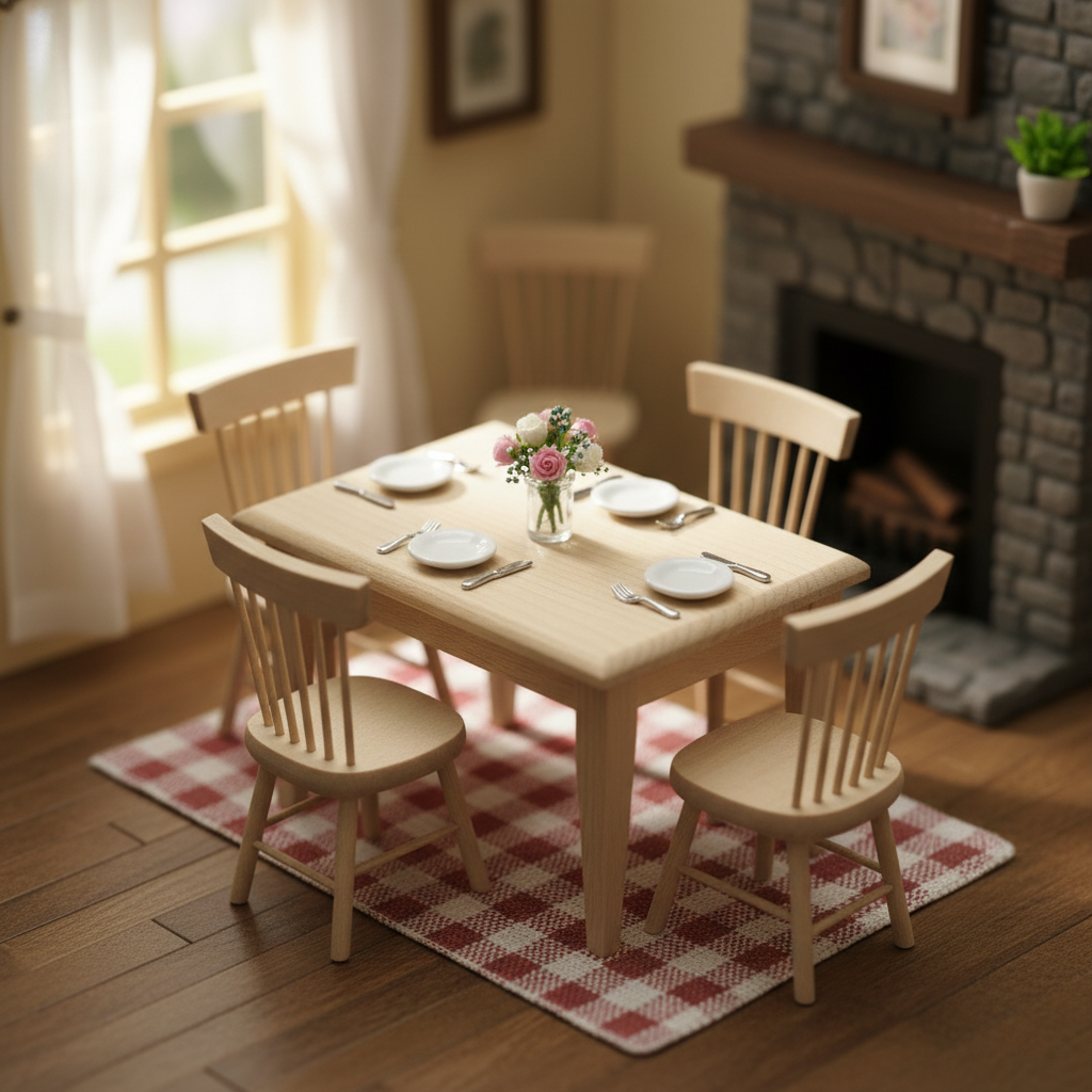 Miniature Pine Dining Table & Chair Set – 5 Piece
